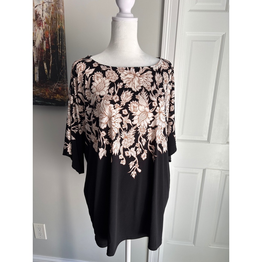 JM Collection Floral Boho Blouse Women L Black Tan Excellent Dolman Sleeve Top